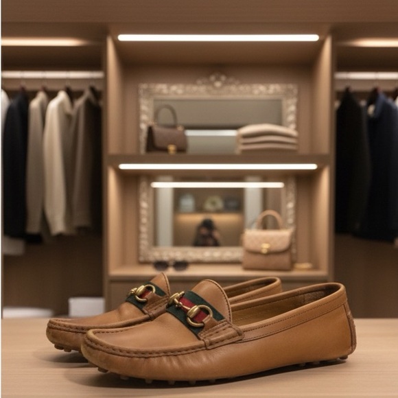 Gucci Brown Leather Loafers with Gold Accents - Picture 1 of 13